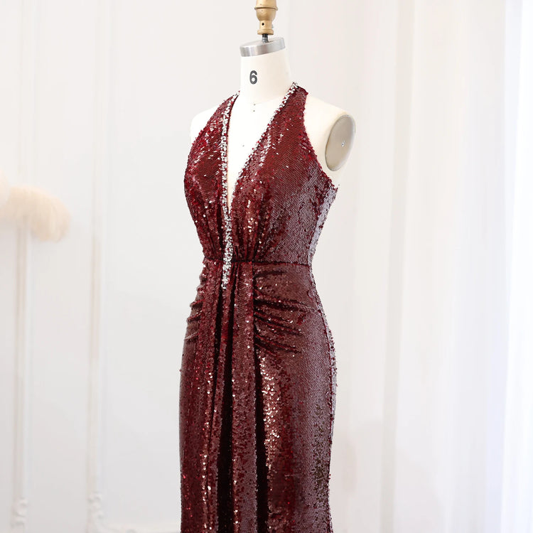Vestido de Festa Luxo com Decote em V e Alça Marsala - Modelo Especial