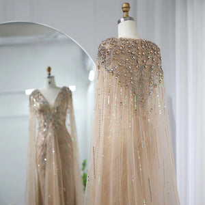 Vestido de Festa Maxi Luxo Adornado em Cristais com Capa Detalhada
