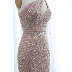 Vestido de Festa Sereia com Detalhes de Pedrarias e Manga Capa