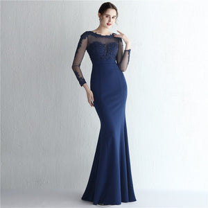 Vestido de Festa Longo com Detalhes em Renda e Apliques Florais Azul Marinho (Pronta Entrega)