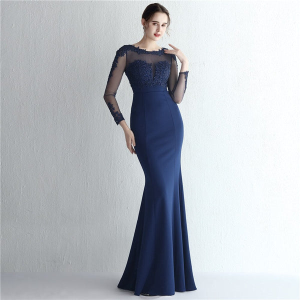 Vestido de Festa Longo com Detalhes em Renda e Apliques Florais Azul Marinho (Pronta Entrega)