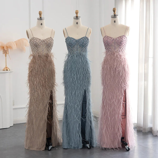Vestido de Festa com Plumas e Alça Brilho - Modelo Especial