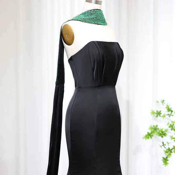 Vestido de Festa Gala Preto Modelo Sereia Duna com Detalhes em Pedrarias