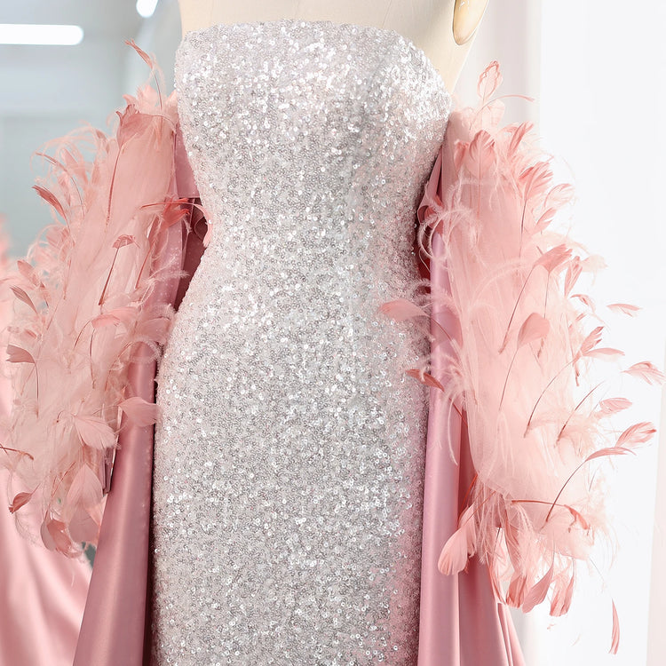 Vestido de Festa Luxuria Intensa Rosa com Plumas Brilho - Modelo Especial