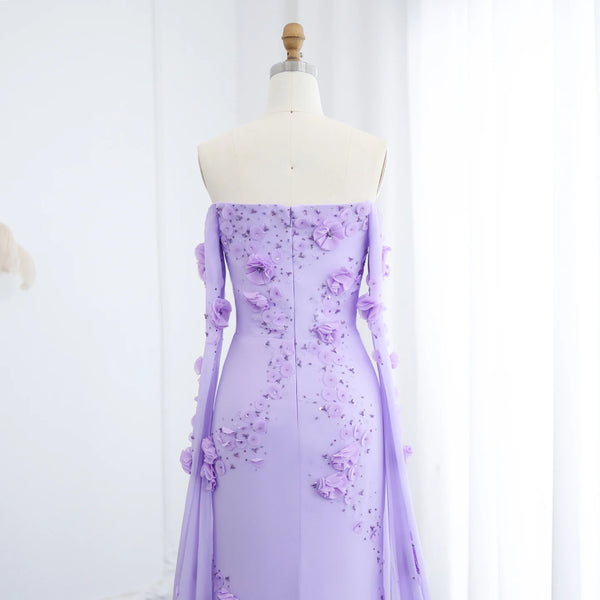 Vestido de Festa Lilás Elegante com Flores 3D e Capa com Mangas Fluídas