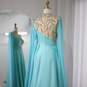 Vestido de Festa Longo Azul com Decorações Reais Douradas - Modelo Especial