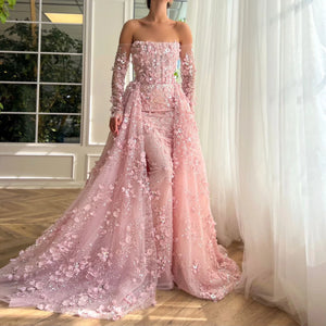 Vestido de Festa Longo Luxo com Cascata de Flores e Pedraria - Modelo Especial