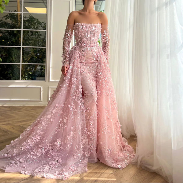Vestido de Festa Longo Luxo com Cascata de Flores e Pedraria - Modelo Especial