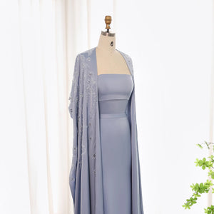 Vestido de Festa Azul Sereia com Manga Capa
