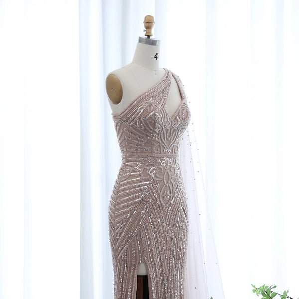 Vestido de Festa Sereia com Detalhes de Pedrarias e Manga Capa
