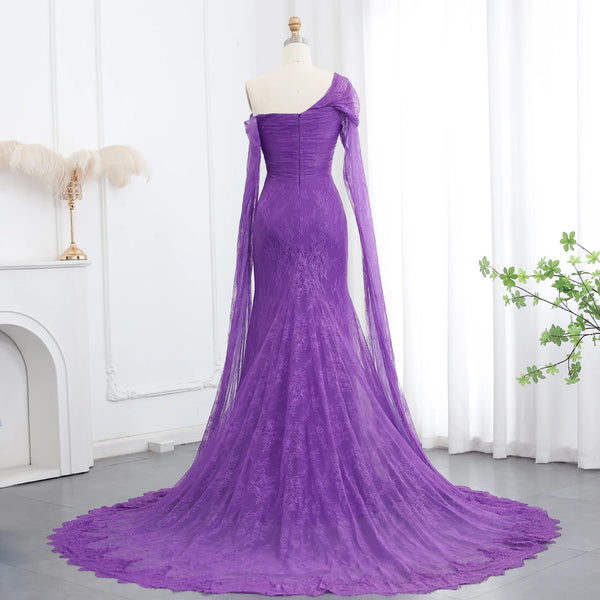 Vestido Sereia Ombro a Ombro com Renda e Capa Roxo