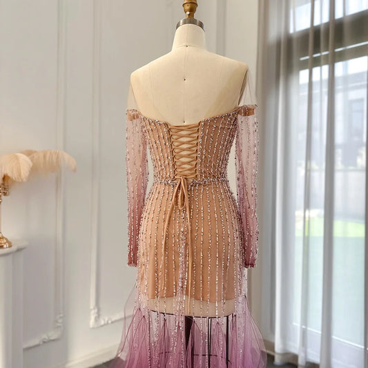 Vestido de Festa Luxo em Dupla Camada com Sobreposição com Pedrarias Bordadas