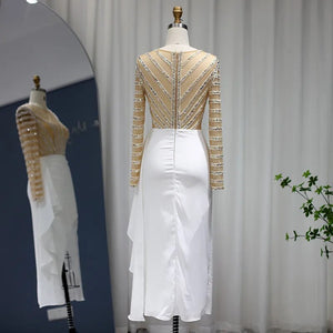 Vestido de Festa Longo com Abertura Branco e Manga Ilusões - Modelo Especial