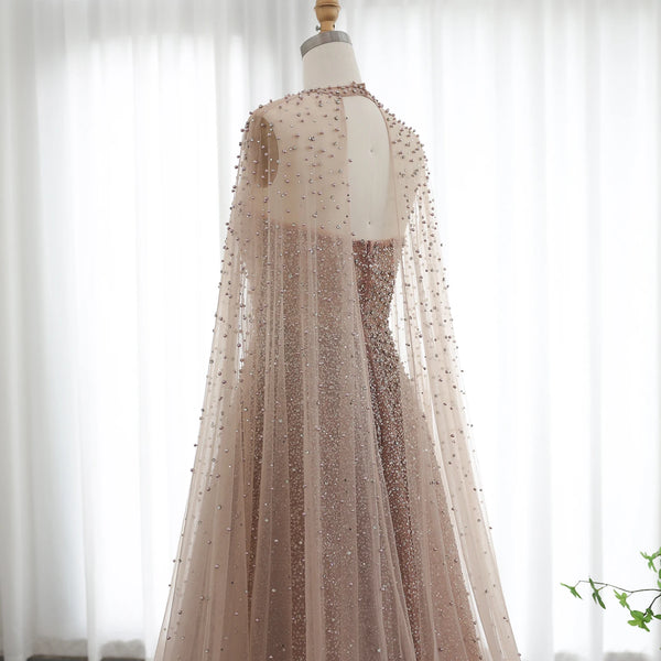 Vestido de Festa Cristais com Capa Longo em Renda