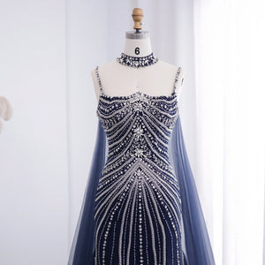 Vestido de Festa Longo Spider Cristais Azul Marinho