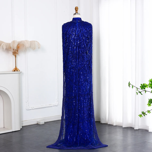Vestido de Festa Luxuoso com Pérolas e Capa Azul Royal