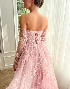 Vestido de Festa Longo Luxo com Cascata de Flores e Pedraria - Modelo Especial