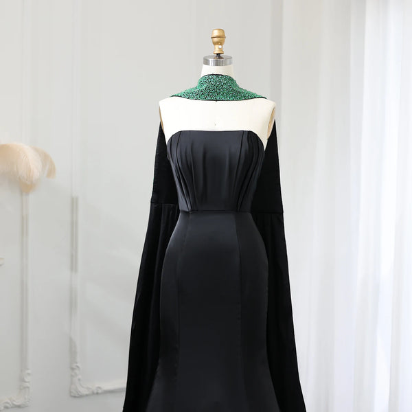 Vestido de Festa Gala Preto Modelo Sereia Duna com Detalhes em Pedrarias
