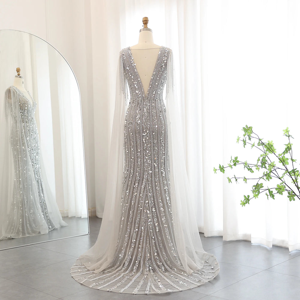 Vestido de Festa Longo Prateado com Decote V Brilho - Modelo Especial