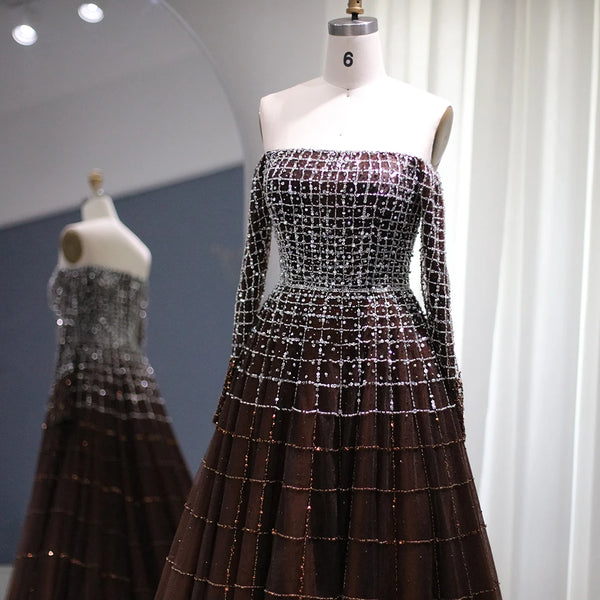 Vestido de Festa Luxo Ombro a Ombro em Terracota com Pedraria - Modelo Especial