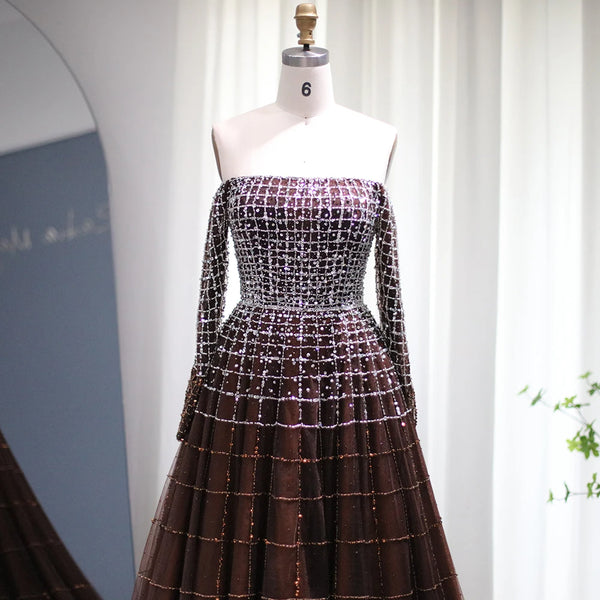 Vestido de Festa Luxo Ombro a Ombro em Terracota com Pedraria - Modelo Especial
