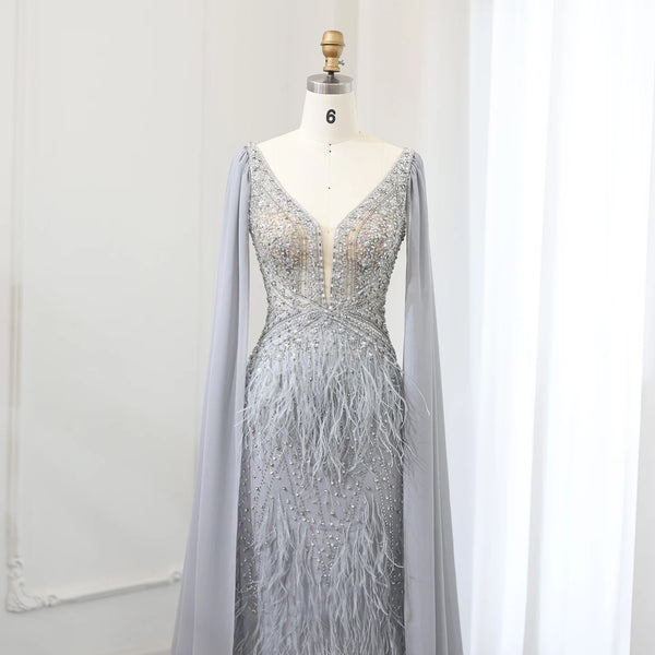 Vestido de Festa Sereia com Manga Capa Longo Exuberante - Modelo Especial