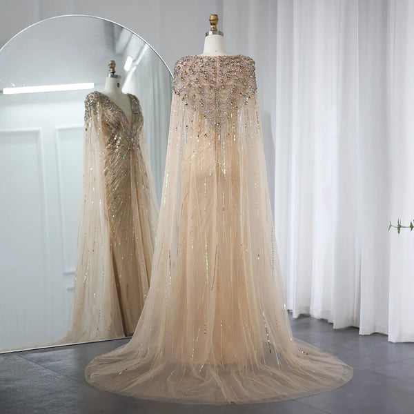 Vestido de Festa Maxi Luxo Adornado em Cristais com Capa Detalhada