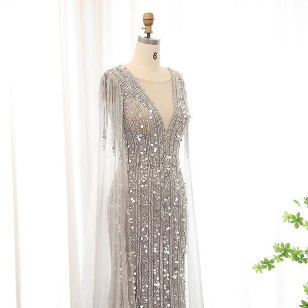 Vestido de Festa Longo Prateado com Decote V Brilho - Modelo Especial