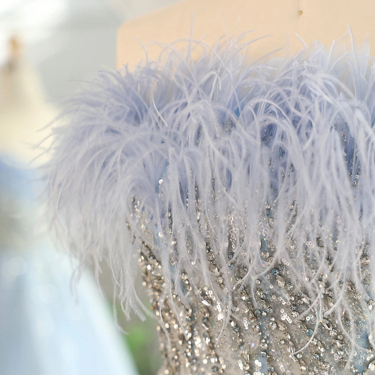 Vestido de Festa Luxo com Detalhe em Plumas e Cauda em Tule - Modelo Especial