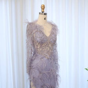 Vestido de Festa Longo com Plumas Roxo- Modelo Especial