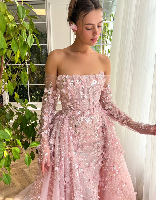 Vestido de Festa Longo Luxo com Cascata de Flores e Pedraria - Modelo Especial