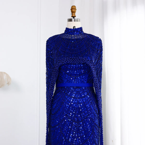 Vestido de Festa Luxuoso com Pérolas e Capa Azul Royal