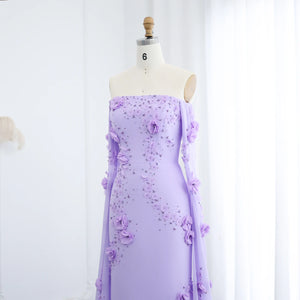 Vestido de Festa Lilás Elegante com Flores 3D e Capa com Mangas Fluídas