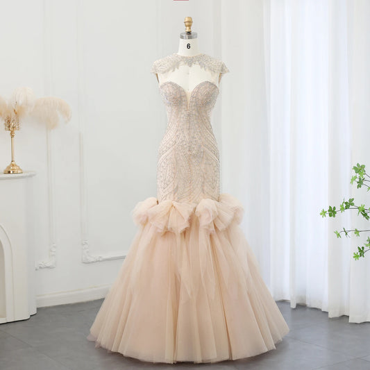 Vestido de Festa Champanhe Longo Imperial com Brilho Cristal - Modelo Especial