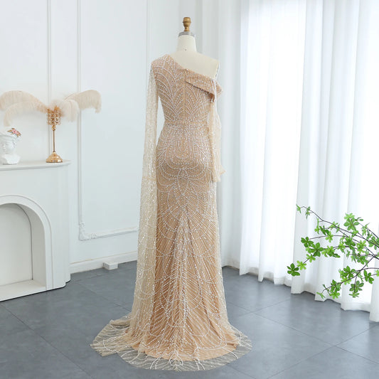 Vestido de Festa Luxo Decorado com Pérolas e Ombro Assimétrico