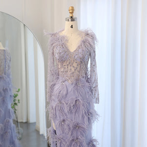 Vestido de Festa Longo com Plumas Roxo- Modelo Especial