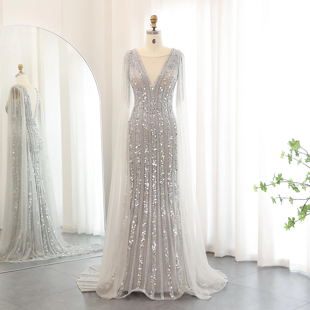 Vestido de Festa Longo Prateado com Decote V Brilho - Modelo Especial