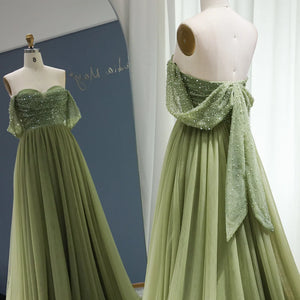 Vestido de Festa Verde Longo com Detalhe Laço Brilho - Modelo Especial