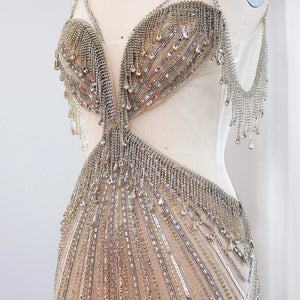 Vestido de Festa Longo com Cristais Butterfly Champanhe