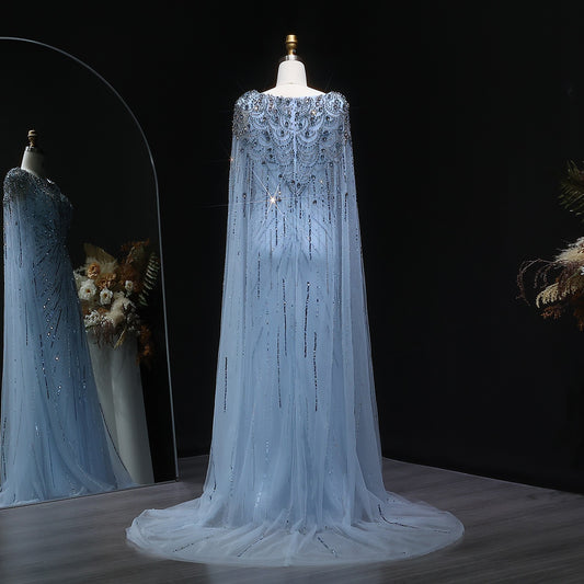 Vestido de Festa Maxi Luxo Adornado em Cristais com Capa e Busto Detalhado