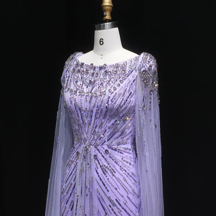 Vestido de Festa Maxi Luxo Adornado em Cristais com Capa e Busto Detalhado