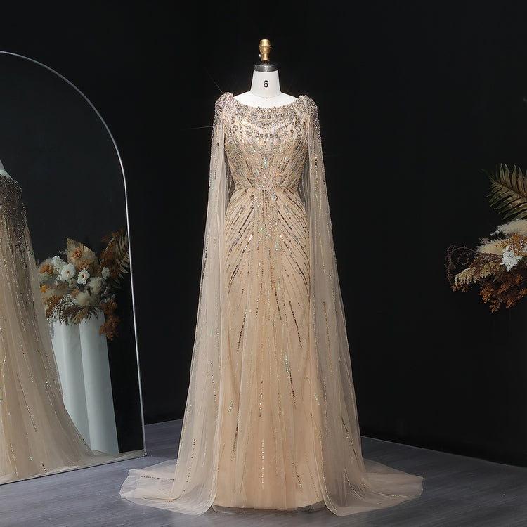 Vestido de Festa Maxi Luxo Adornado em Cristais com Capa e Busto Detalhado