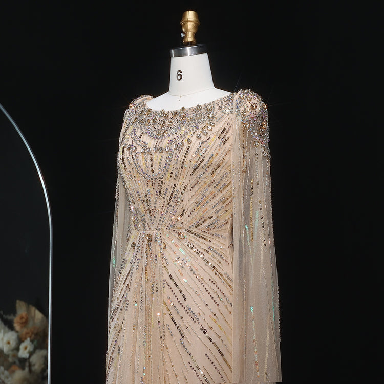 Vestido de Festa Maxi Luxo Adornado em Cristais com Capa e Busto Detalhado