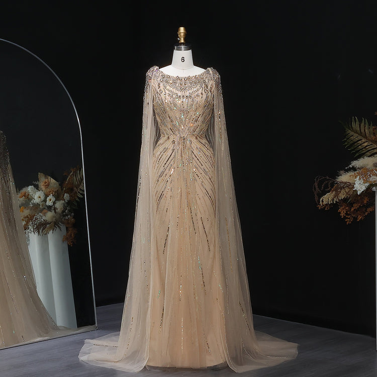 Vestido de Festa Maxi Luxo Adornado em Cristais com Capa e Busto Detalhado