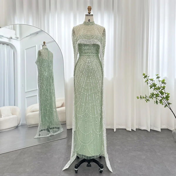 Vestido de Festa Luxuoso com Pérolas e Capa