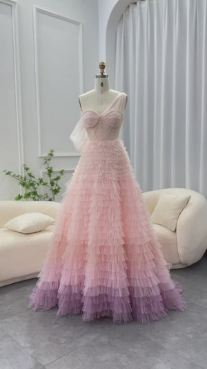 Vestido de Festa Princesa em Camadas Plissado Degradê