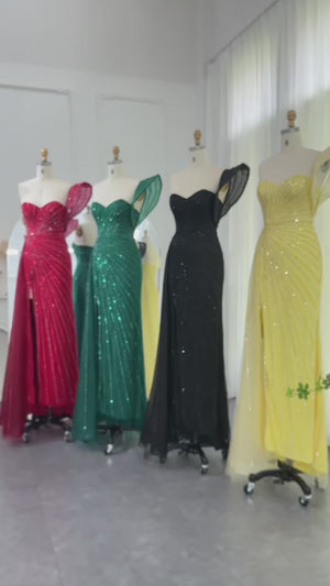 Vestido de Festa Luxo com Fenda e Manga Assimétrica