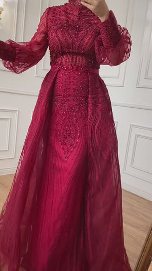Vestido de Festa Luxo Longo Todo Decorado em Pedrarias e Maxi Saia (Pronta Entrega)