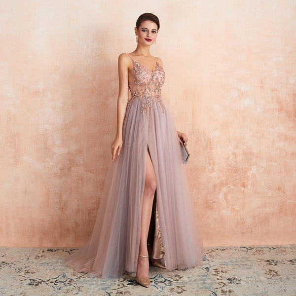 Vestido de Festa Luxo com Decoração em Cristais Rosa Empoeirado