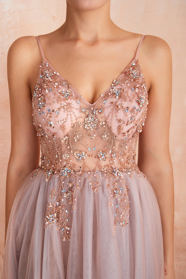 Vestido de Festa Luxo com Decoração em Cristais Rosa Empoeirado